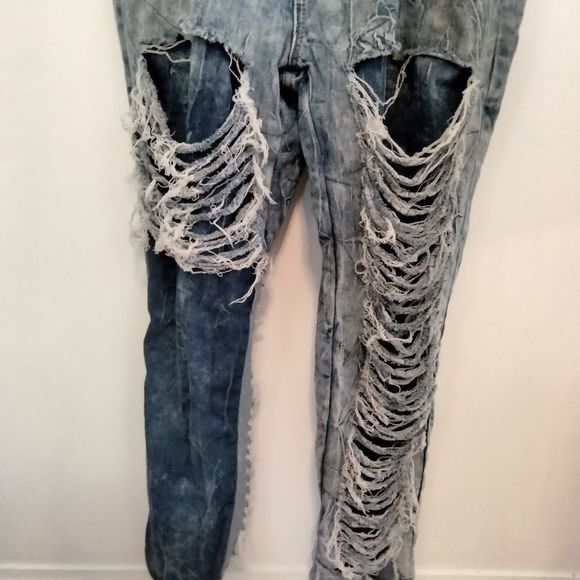 Thrill Extremely Distressed Blue Denim Overalls Size 22 - Picture 4 of 9
